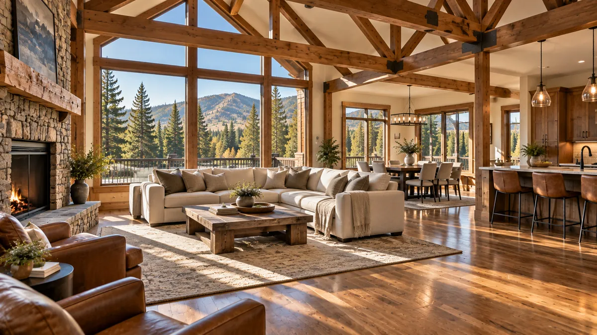 A wide view of a bright open plan home after a full clean, kitchen, dining and living areas in one frame, clear counters and freshly vacuumed carpet in the living area