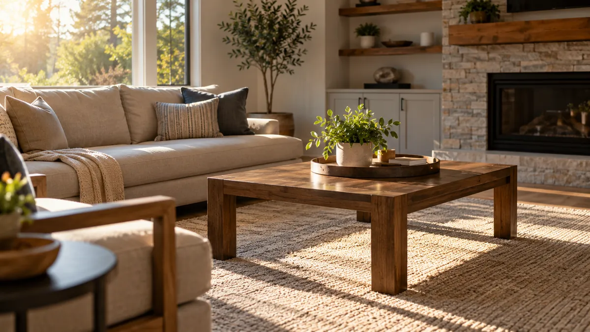 A bright living room with freshly cleaned carpet and wiped down furniture